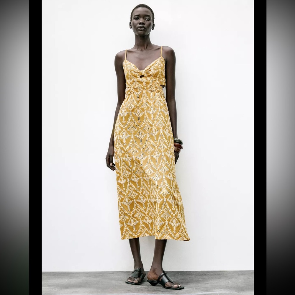 Zara embroidered midi dress, mustard